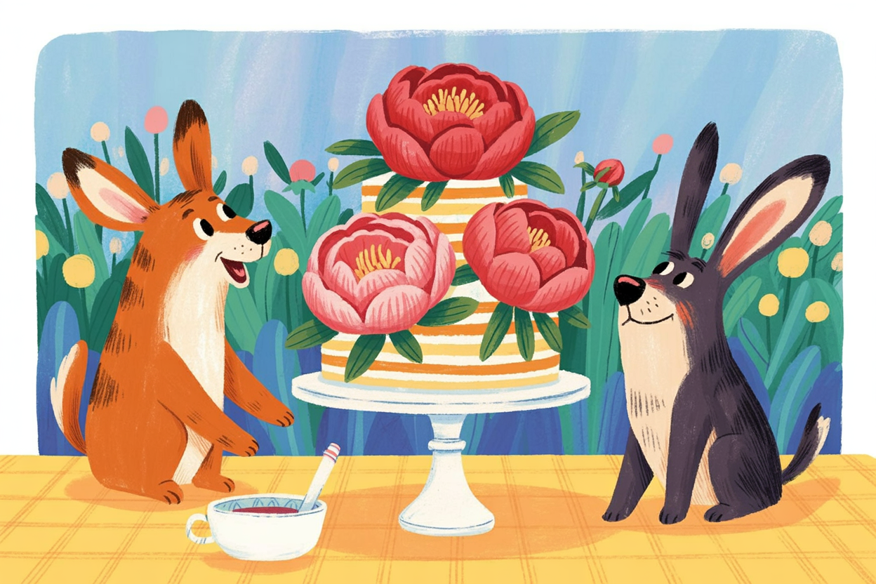 Children's book illustration of a peony birthday cake