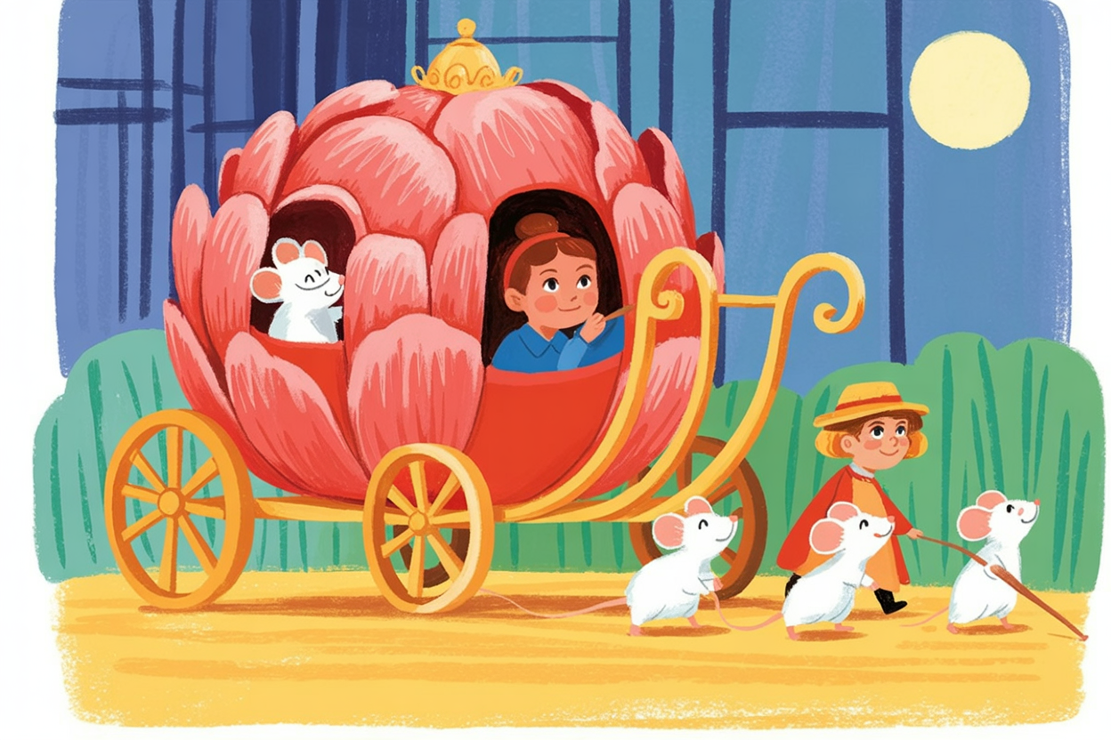 Children's book illustration of a peony carriage