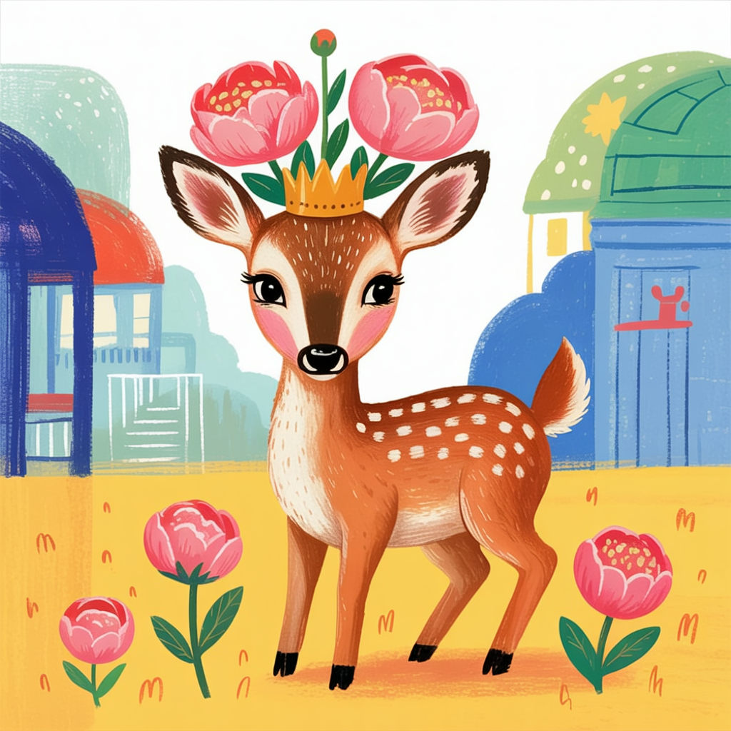 Children's book illustration of a deer with a peony crown