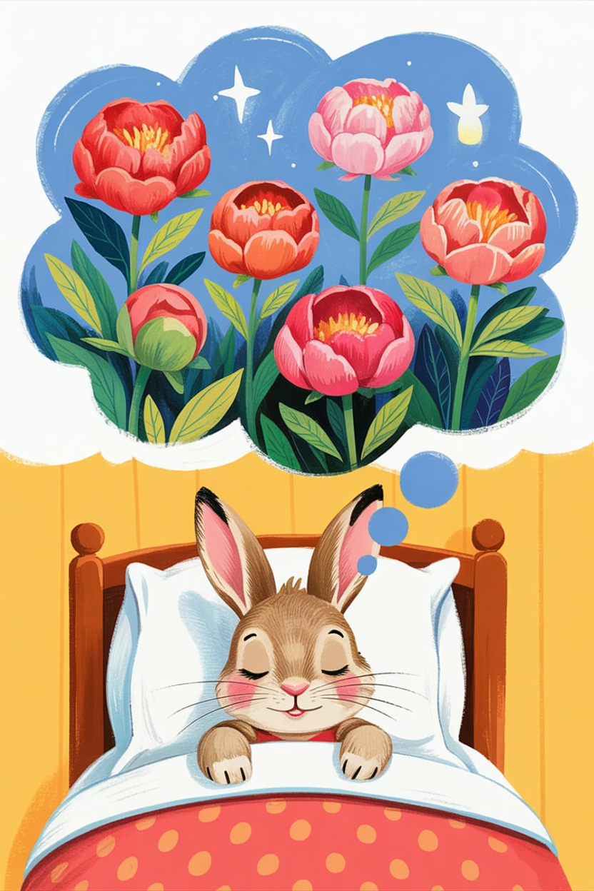 Children's book illustration of a bunny dreaming of peonies