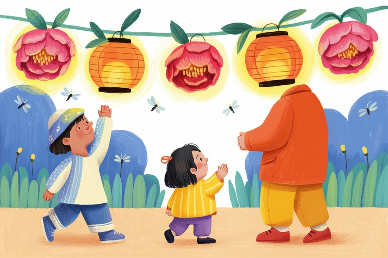 Children's book illustration of peony lanterns at a garden party