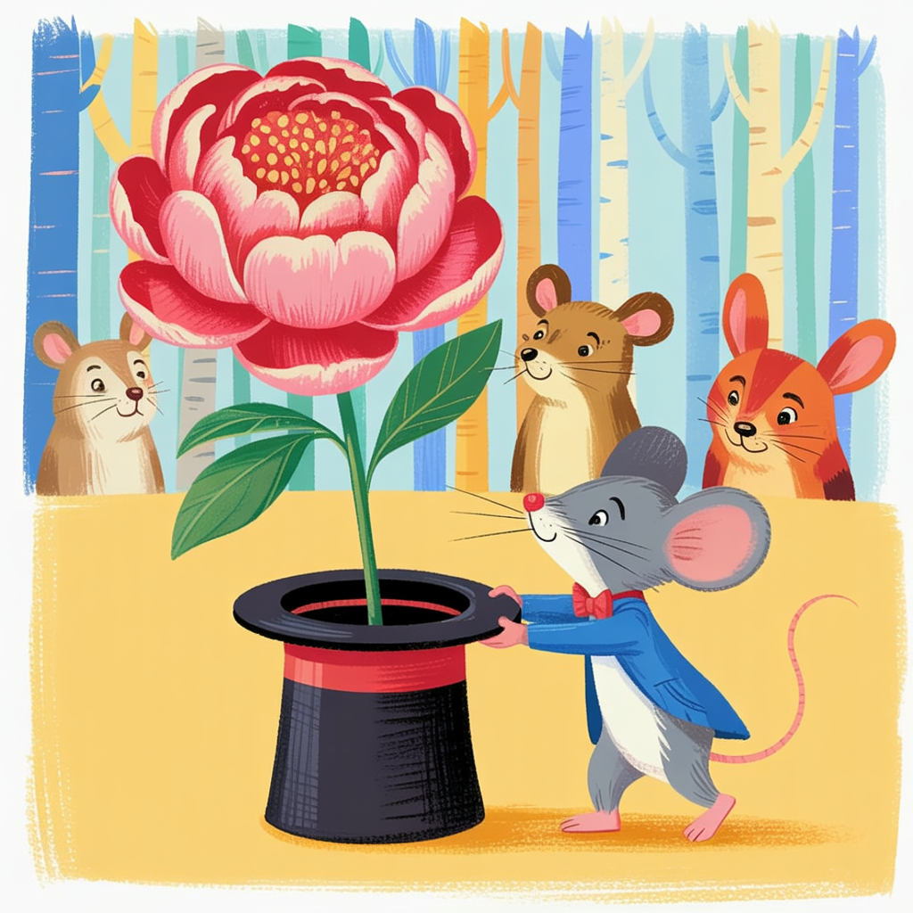 Children's book illustration of a mouse magician with a peony