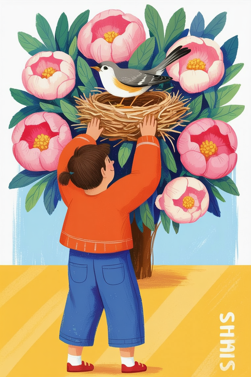 Children's book illustration of a bird in a peony nest