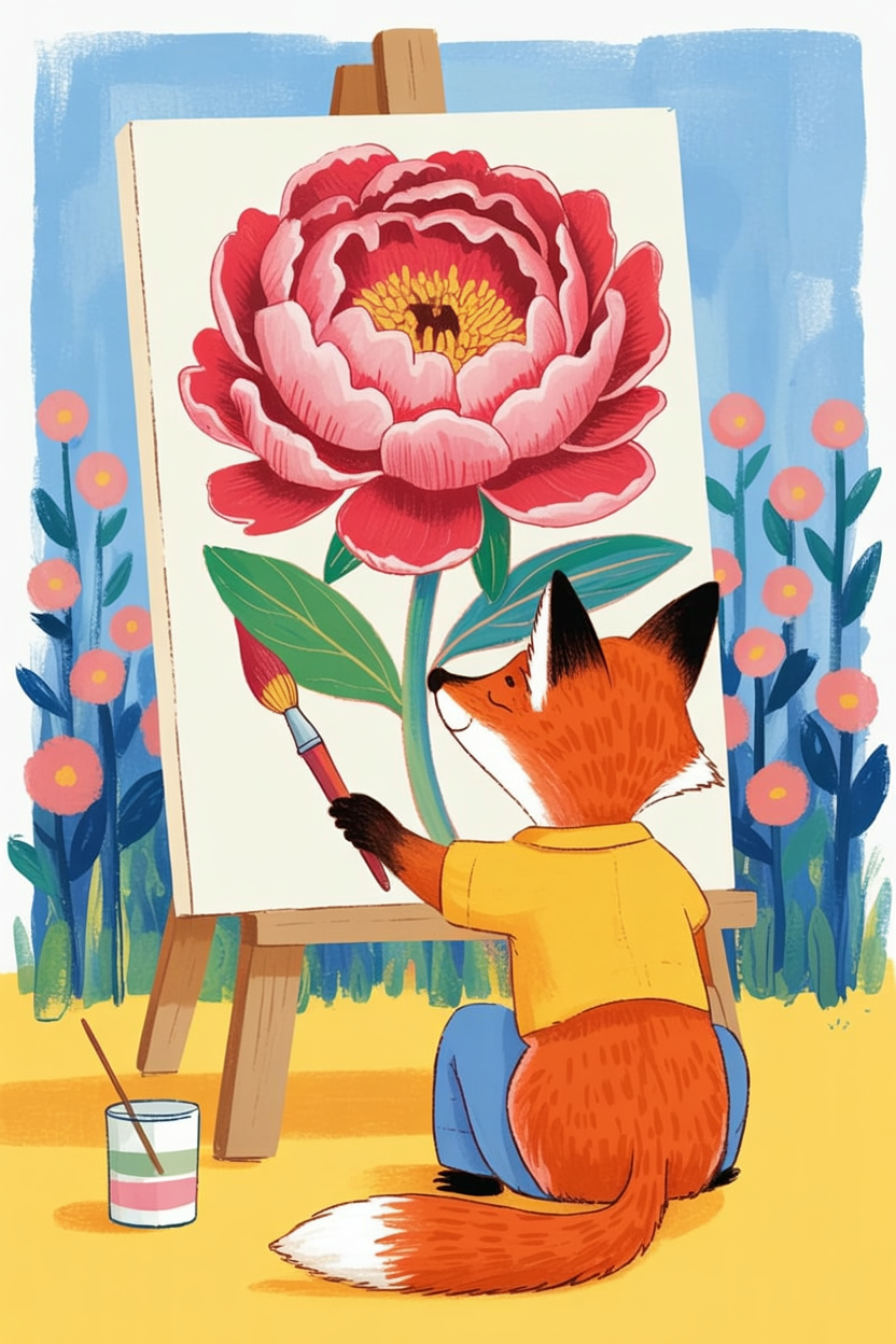Children's book illustration of a fox painting a peony