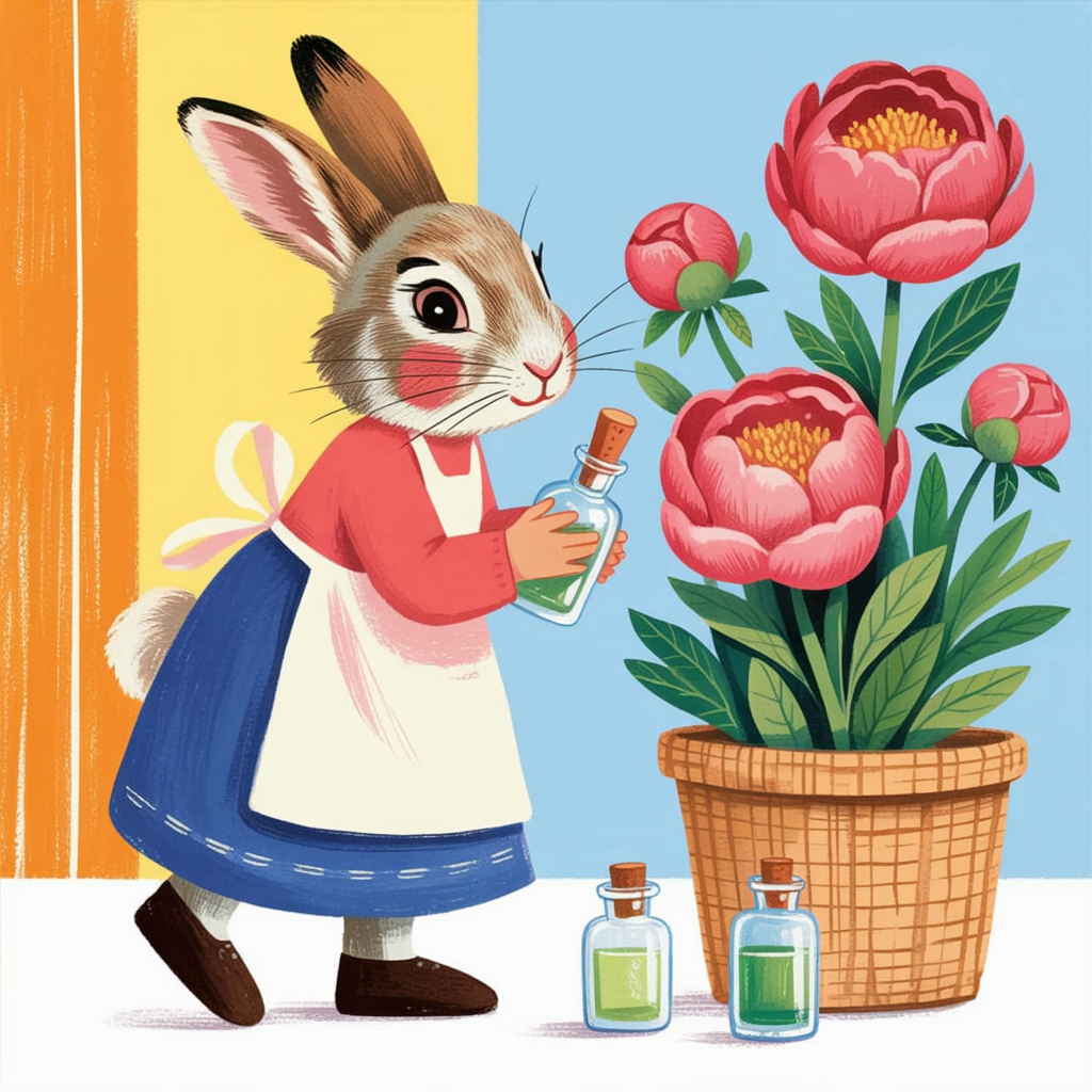 Children's book illustration of a rabbit making peony perfume