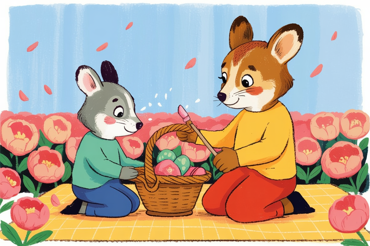 Children's book illustration of a picnic in a peony field