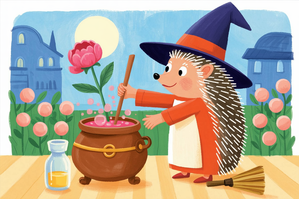 Children's book illustration of a hedgehog with a peony potion