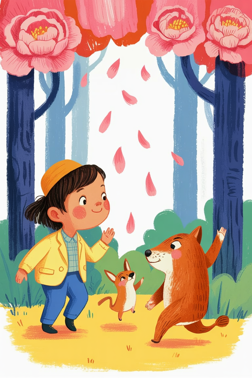 Children's book illustration of animals dancing in peony petals