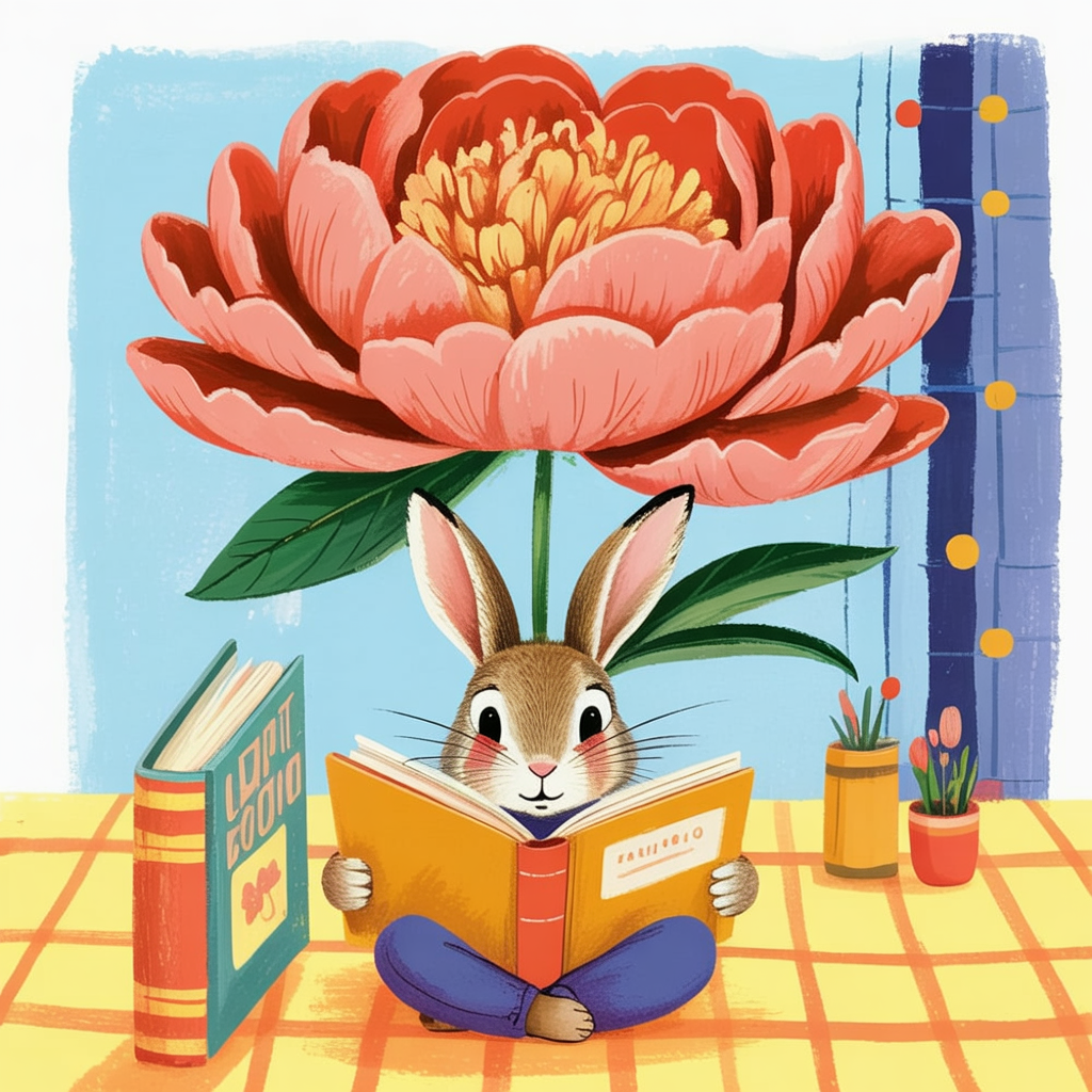 Children's book illustration of a rabbit reading under a peony