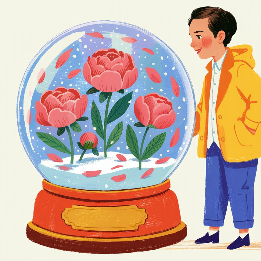 Children's book illustration of a peony snow globe