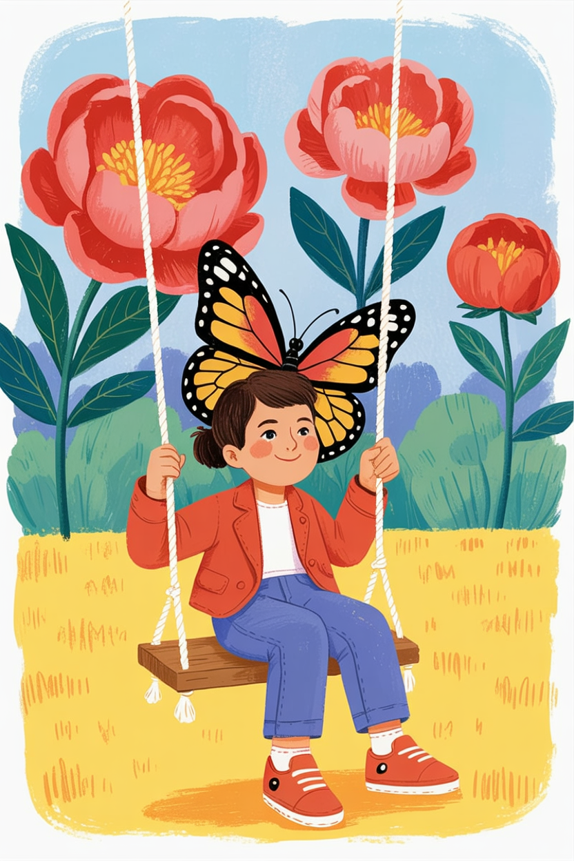 Children's book illustration of a butterfly on a peony swing