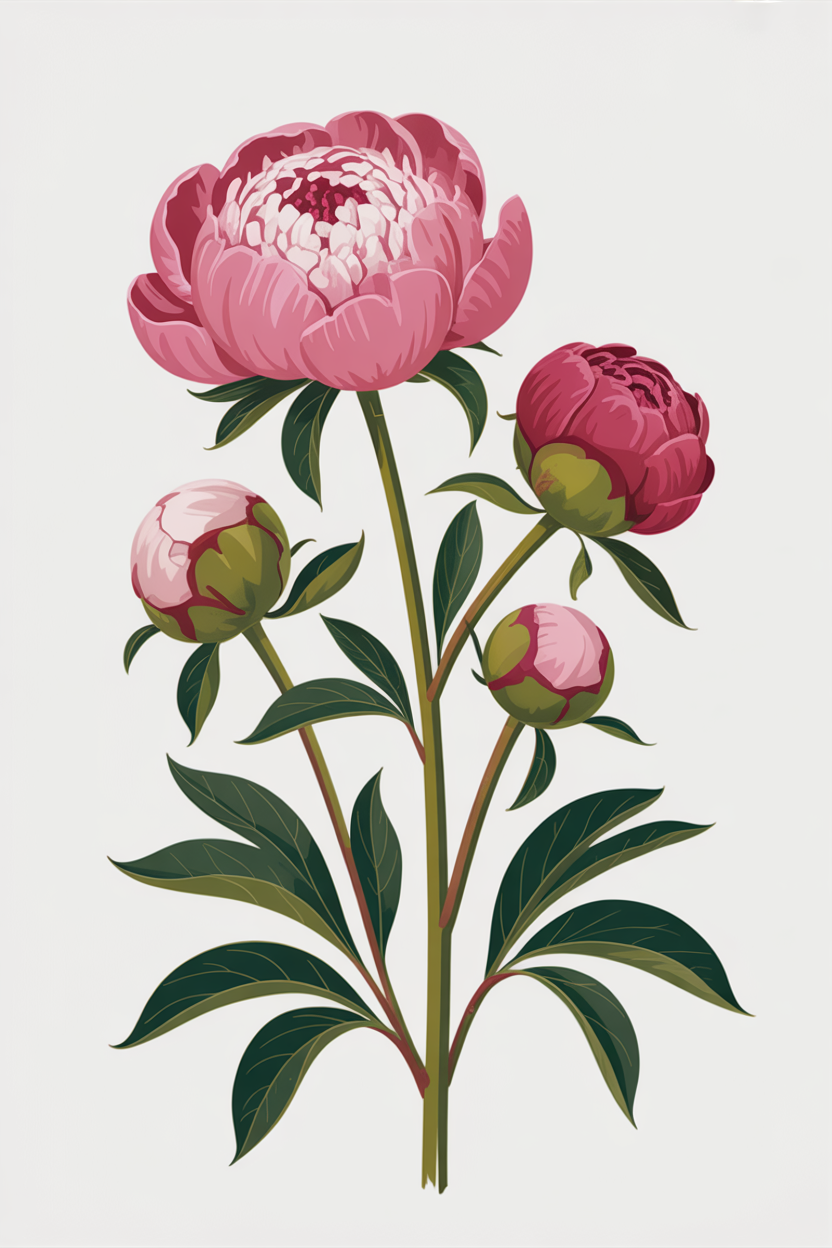 Flat vector illustration of peony buds opening