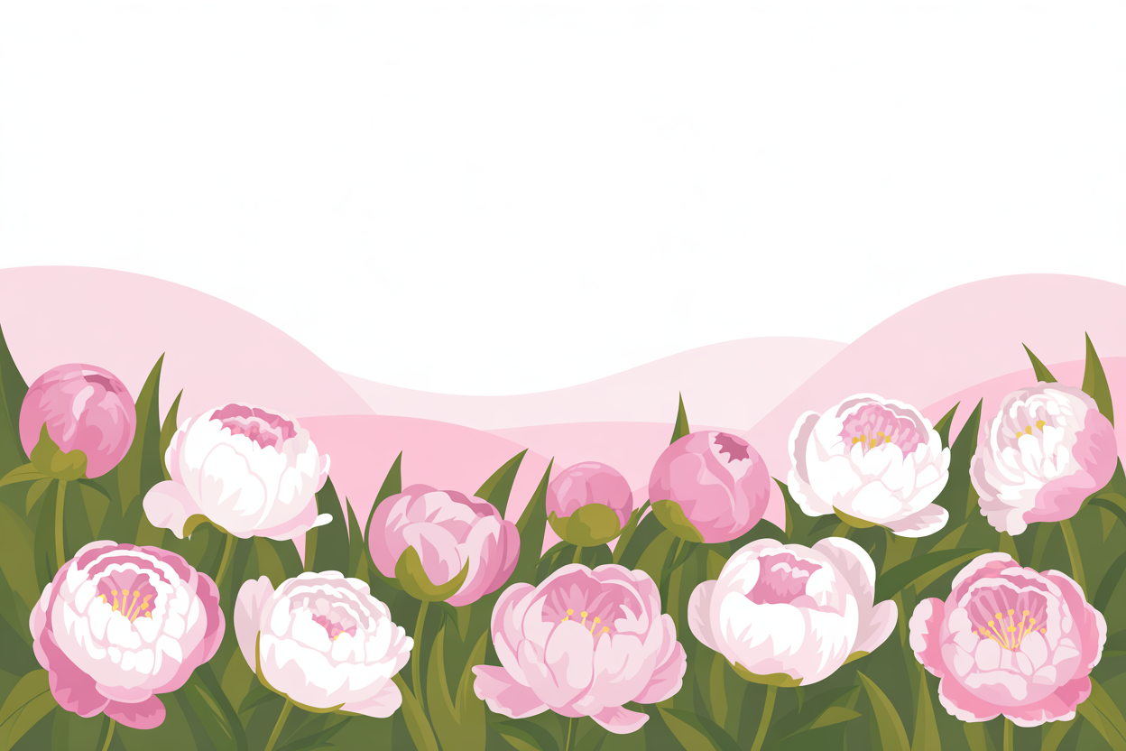 Flat vector illustration of a peony field