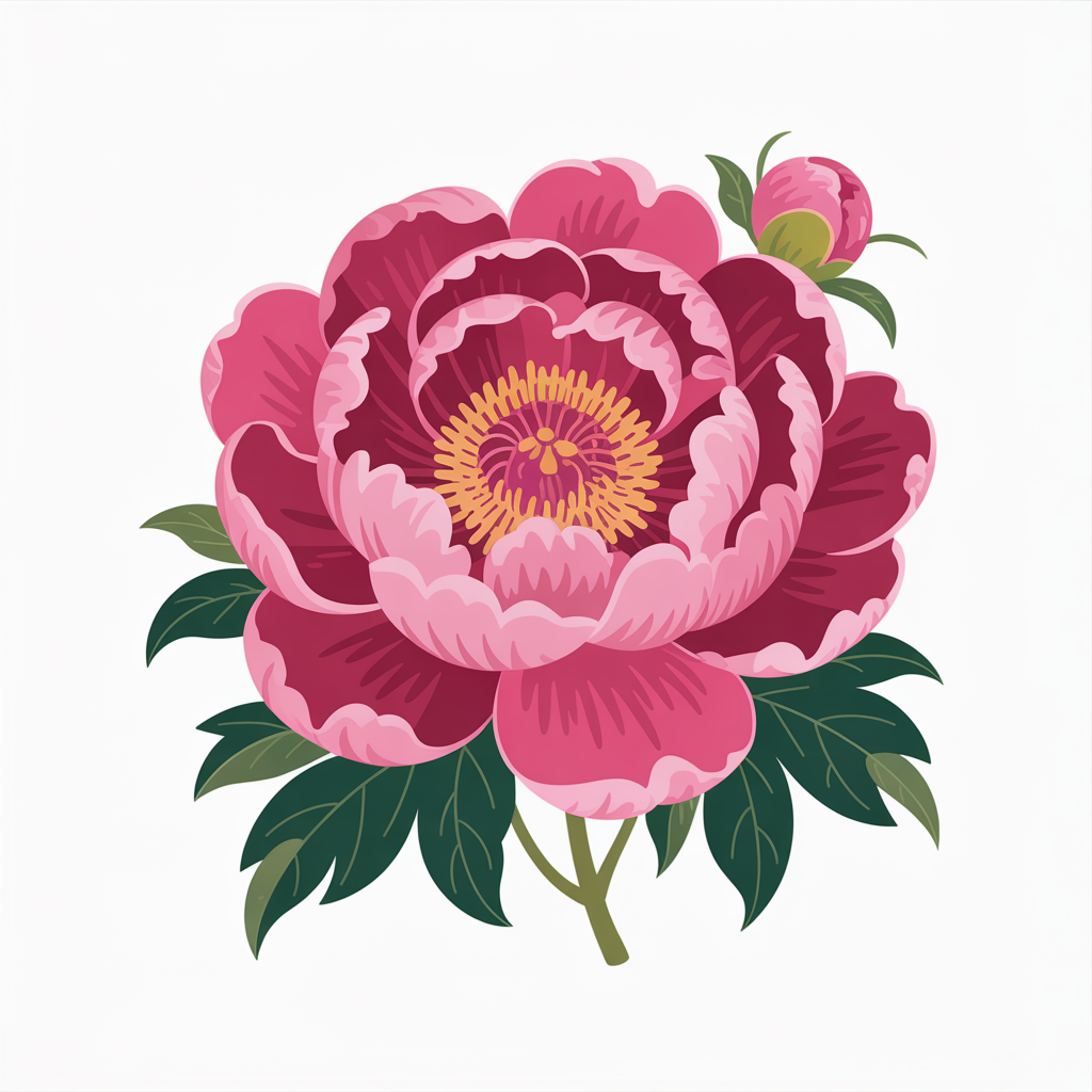 Flat vector illustration of a peony in Japanese style