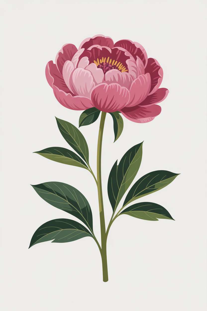 Flat vector illustration of a single peony stem