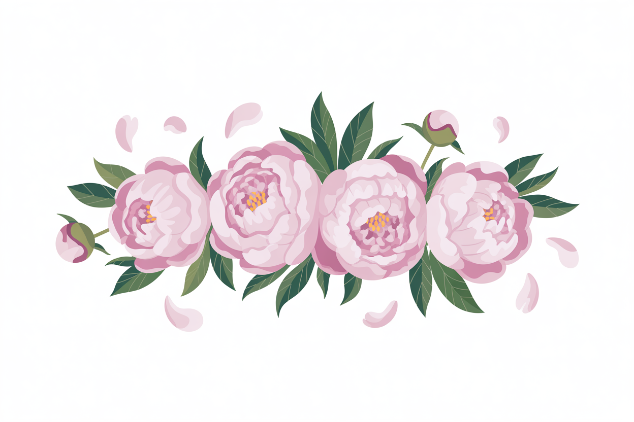 Flat vector illustration of peonies with scattered petals