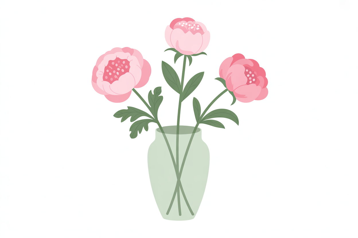 Flat vector illustration of peonies in a glass vase