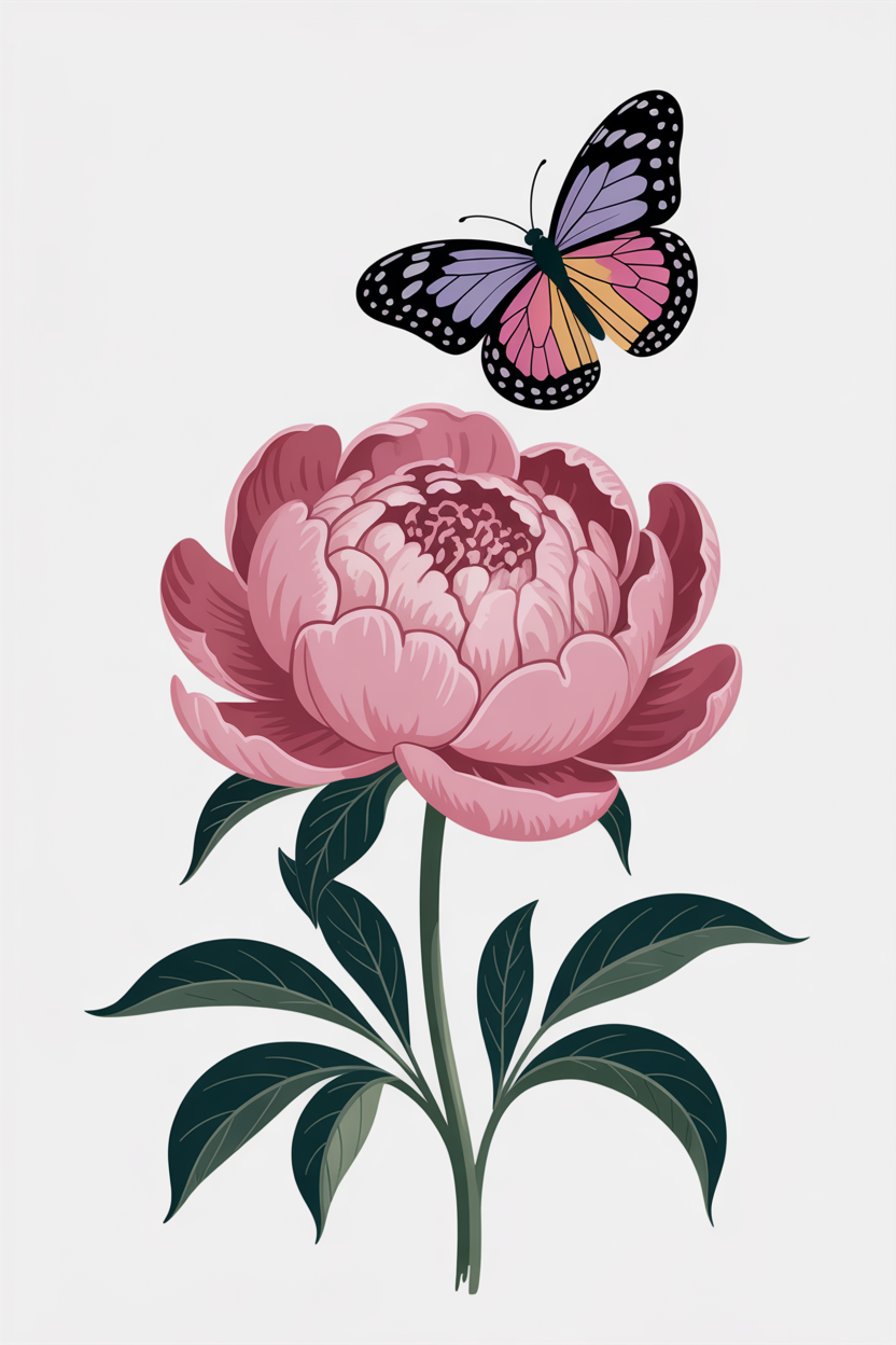 Flat vector illustration of a peony with a butterfly