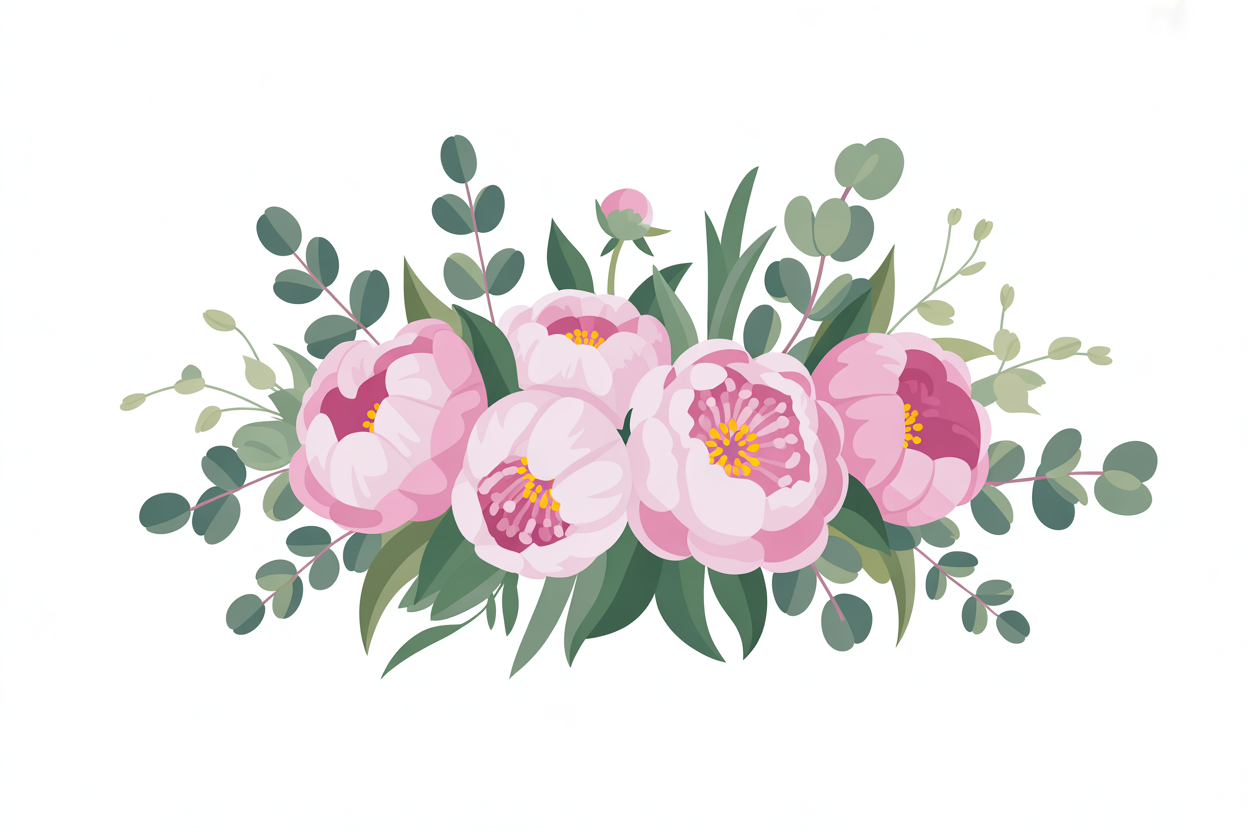 Flat vector illustration of peonies with eucalyptus