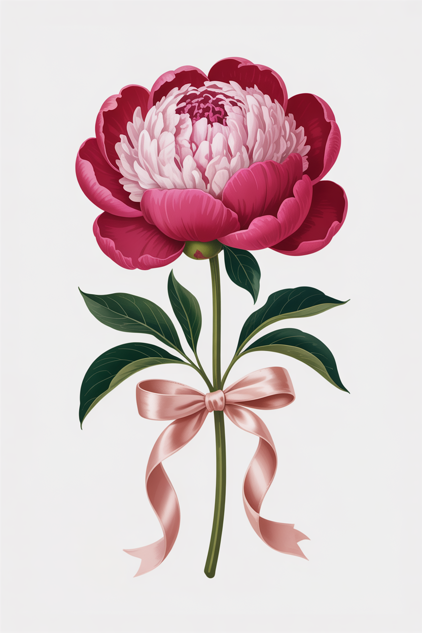 Flat vector illustration of a peony with a ribbon