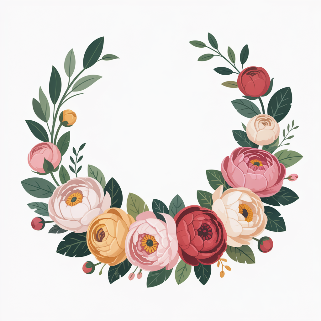 Flat vector illustration of a peony wreath