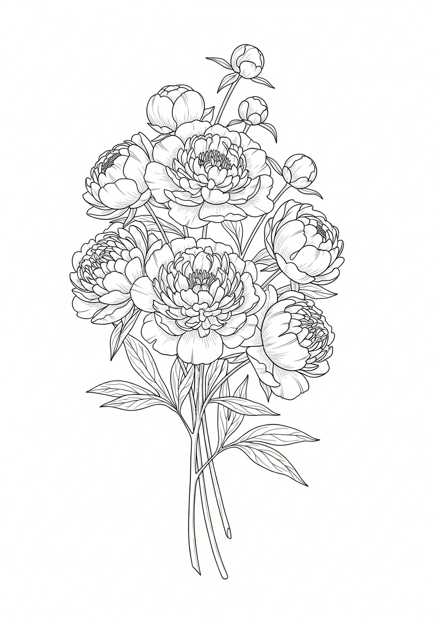 Line art illustration of a peony bouquet