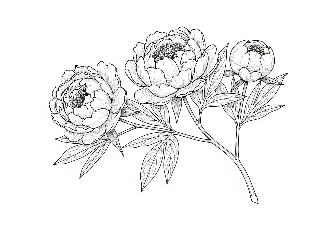 Line art illustration of a peony branch