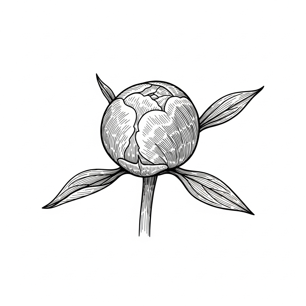 Line art illustration of a peony bud