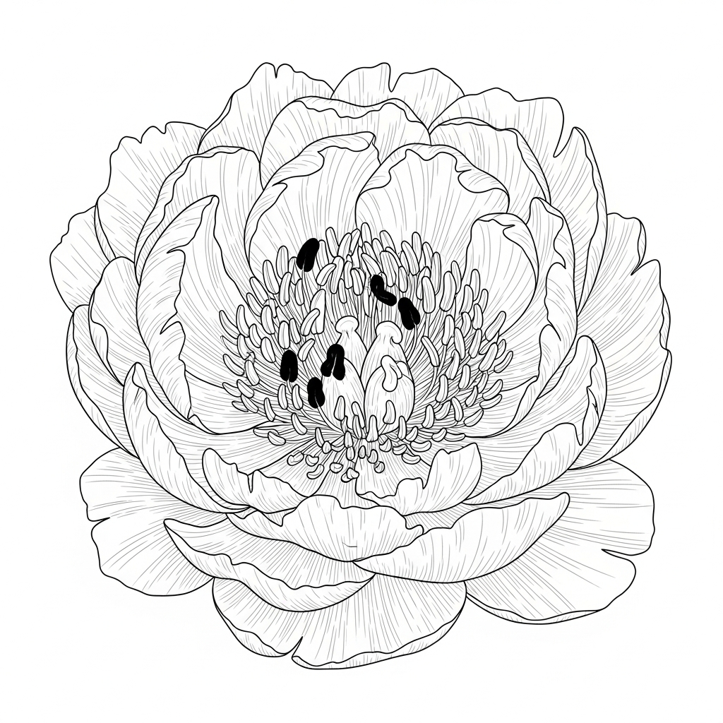 Line art illustration of a peony cross-section