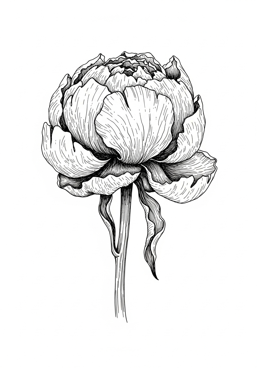 Line art illustration of a dried peony