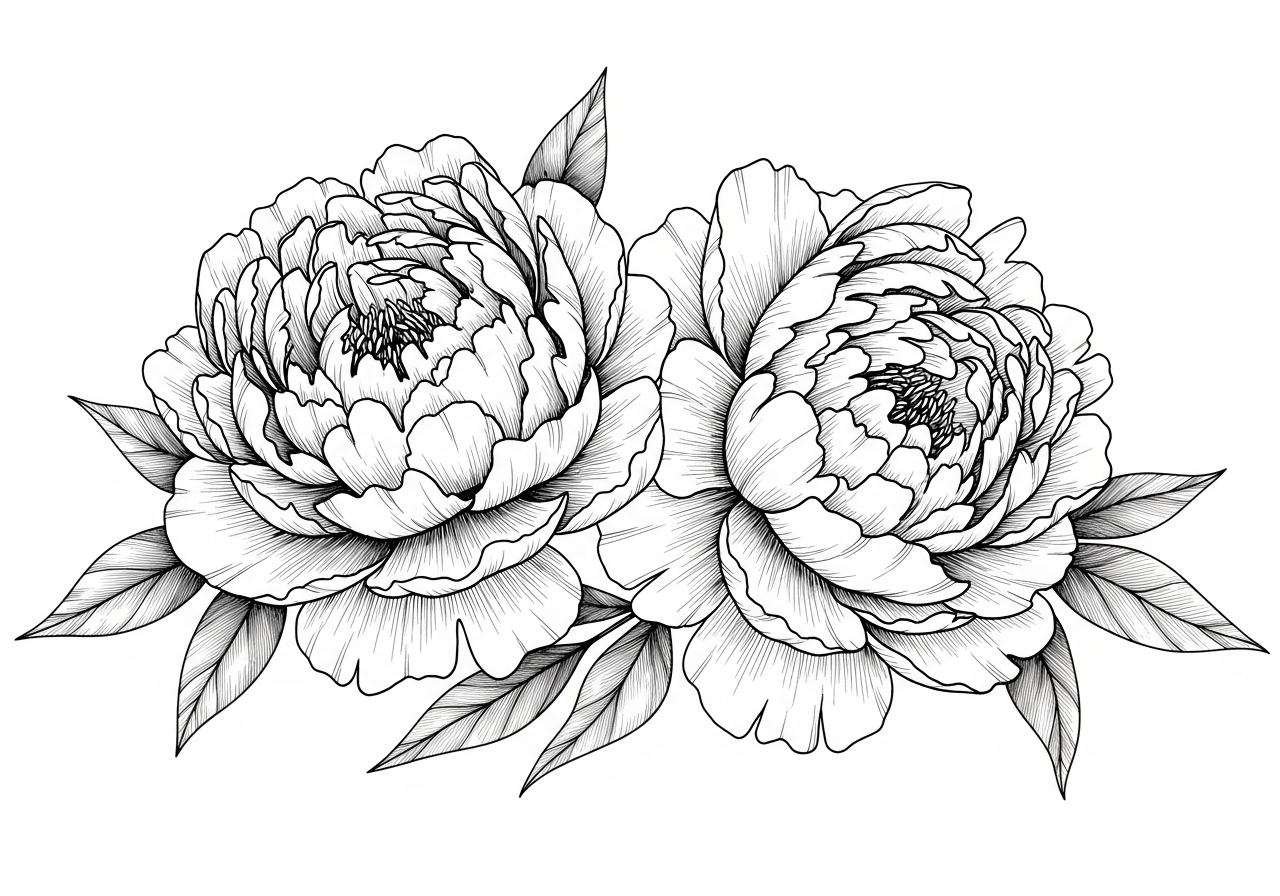 Line art illustration of two peony blooms