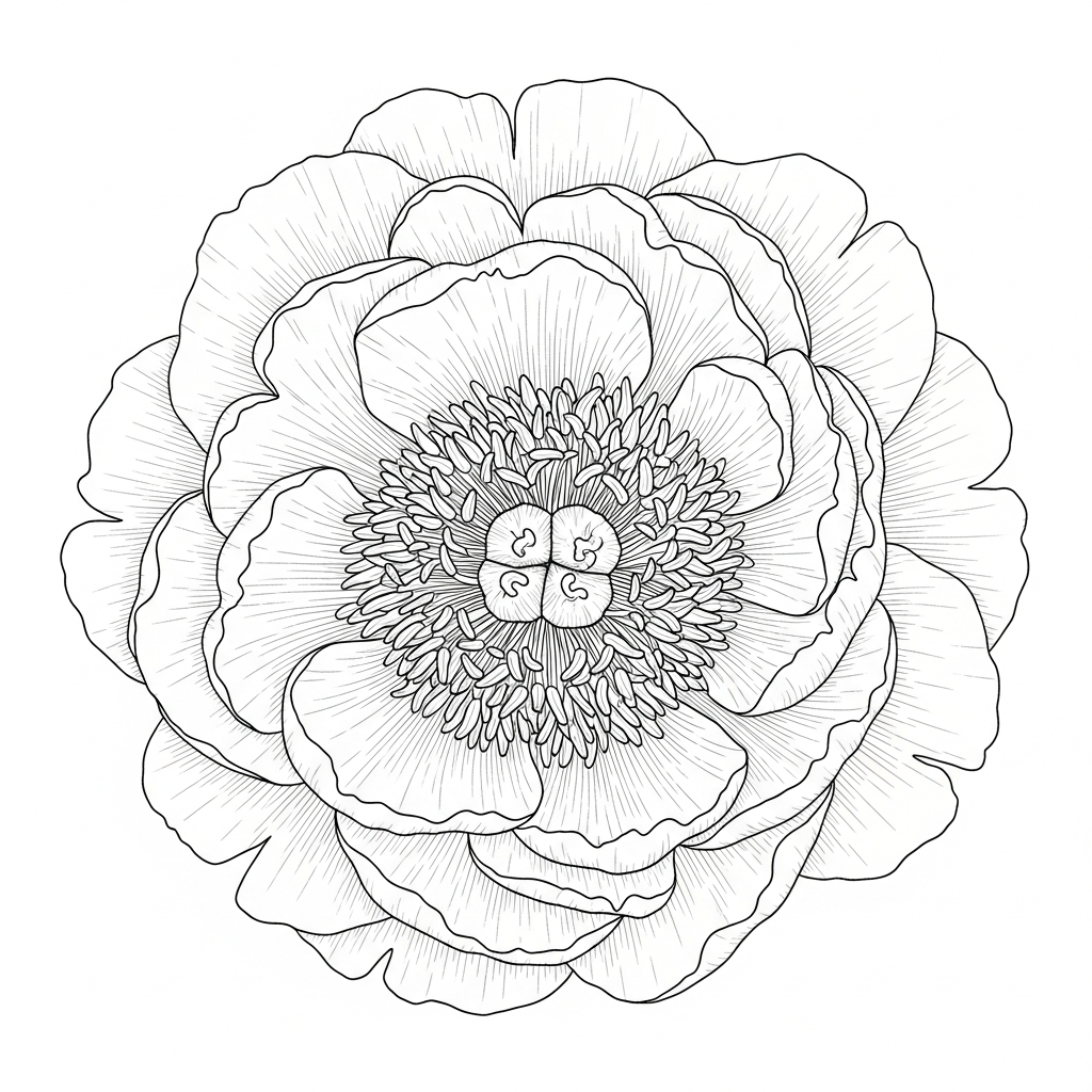 Line art illustration of a peony from above