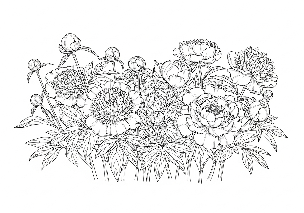 Line art illustration of a peony garden