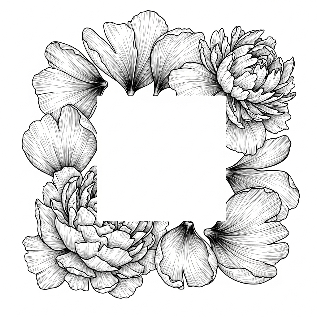 Line art illustration of peony petals