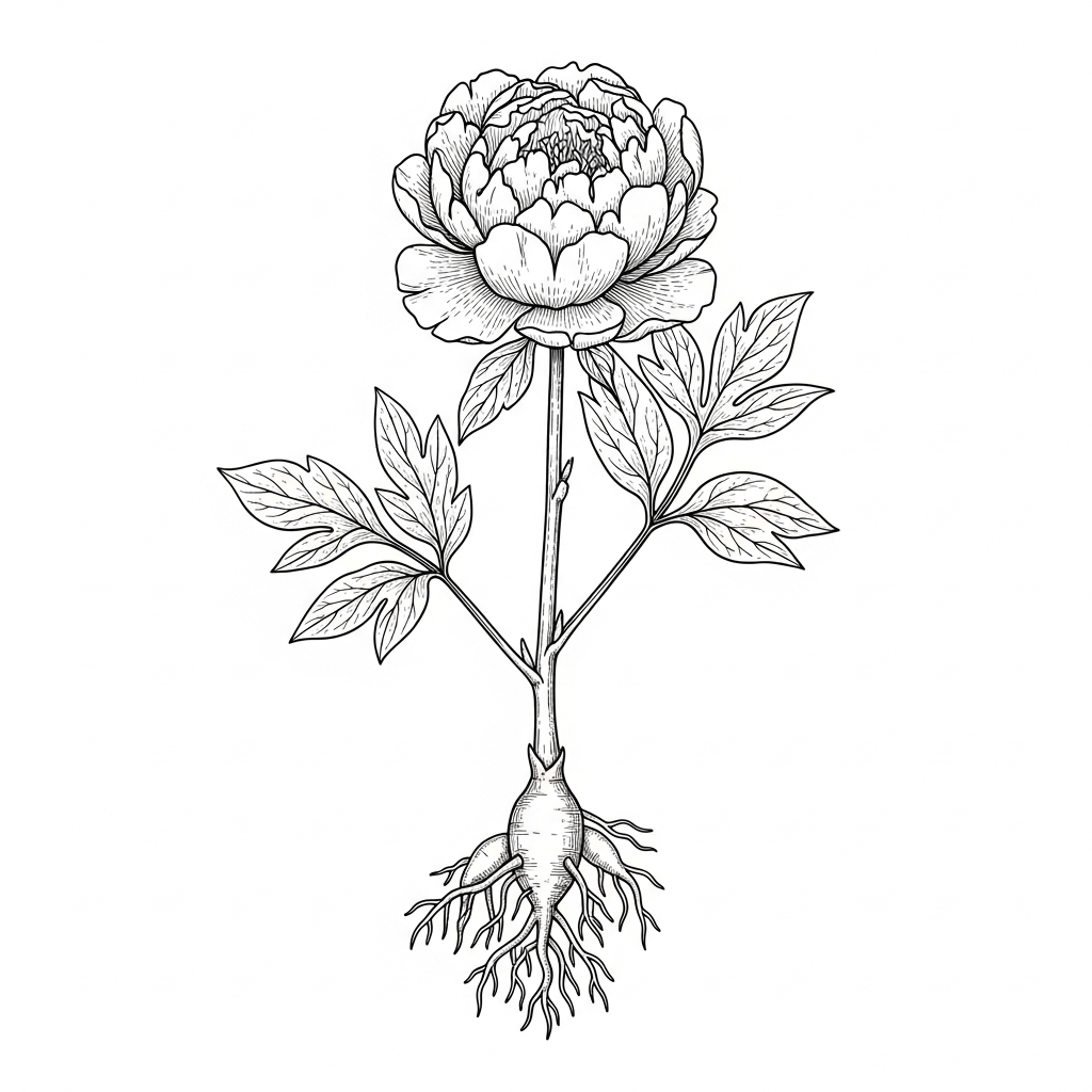 Line art illustration of a peony root diagram