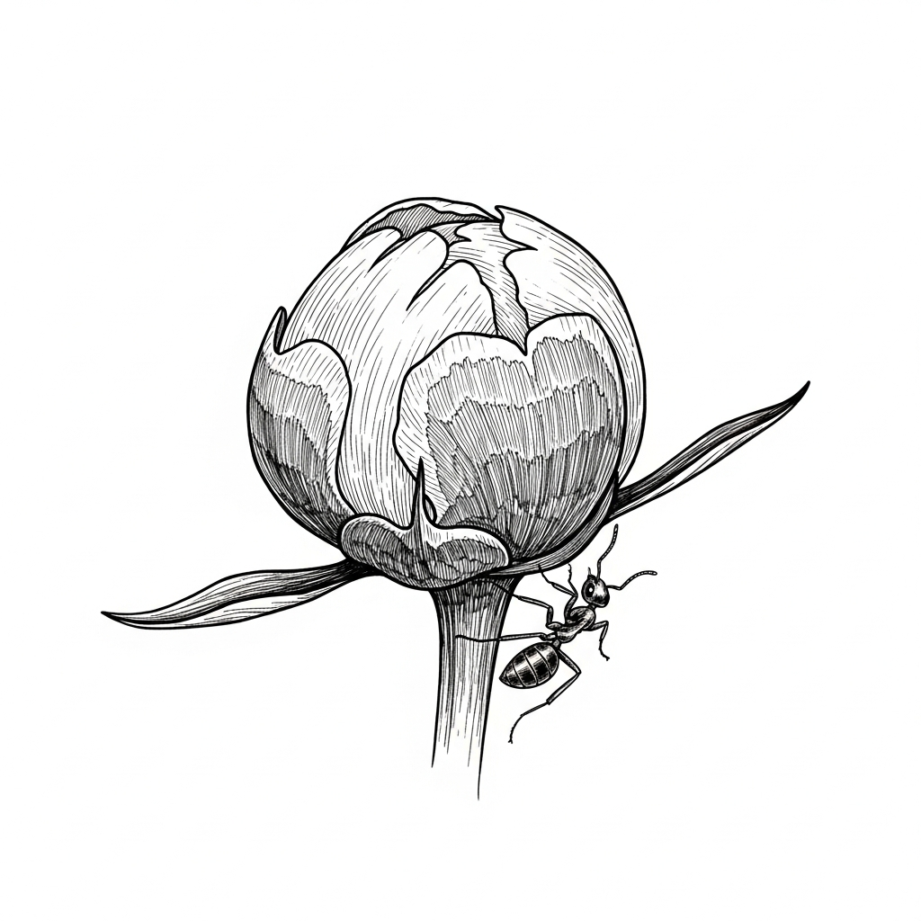 Line art illustration of a peony bud with an ant