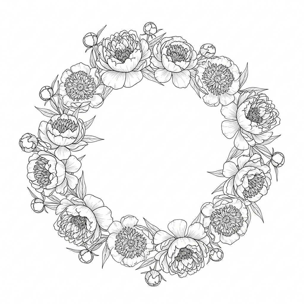 Line art illustration of a peony wreath