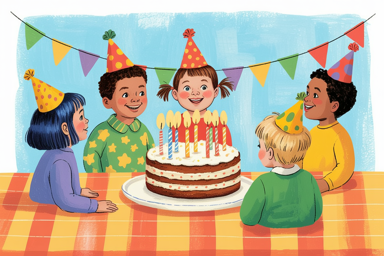 Children's book illustration of a children's birthday party