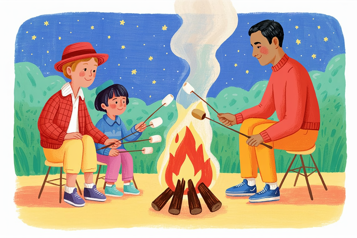 Children's book illustration of a family around a campfire
