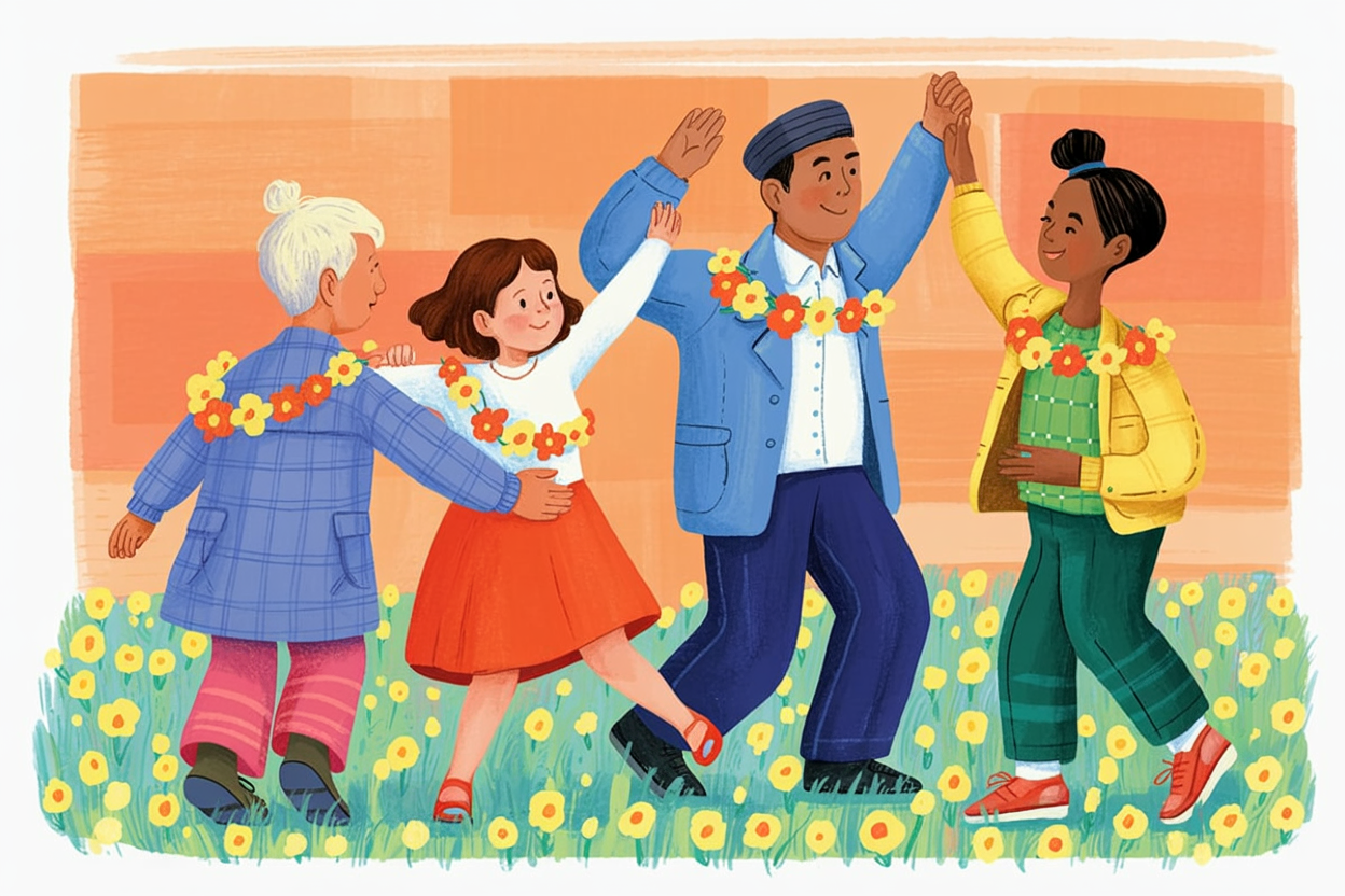 Children's book illustration of people dancing in a meadow