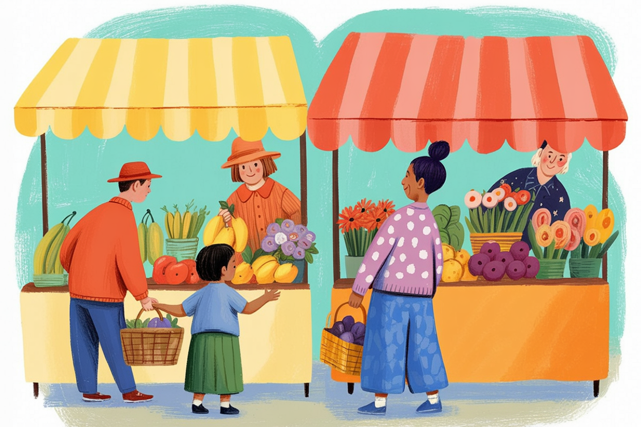 Children's book illustration of a farmers market