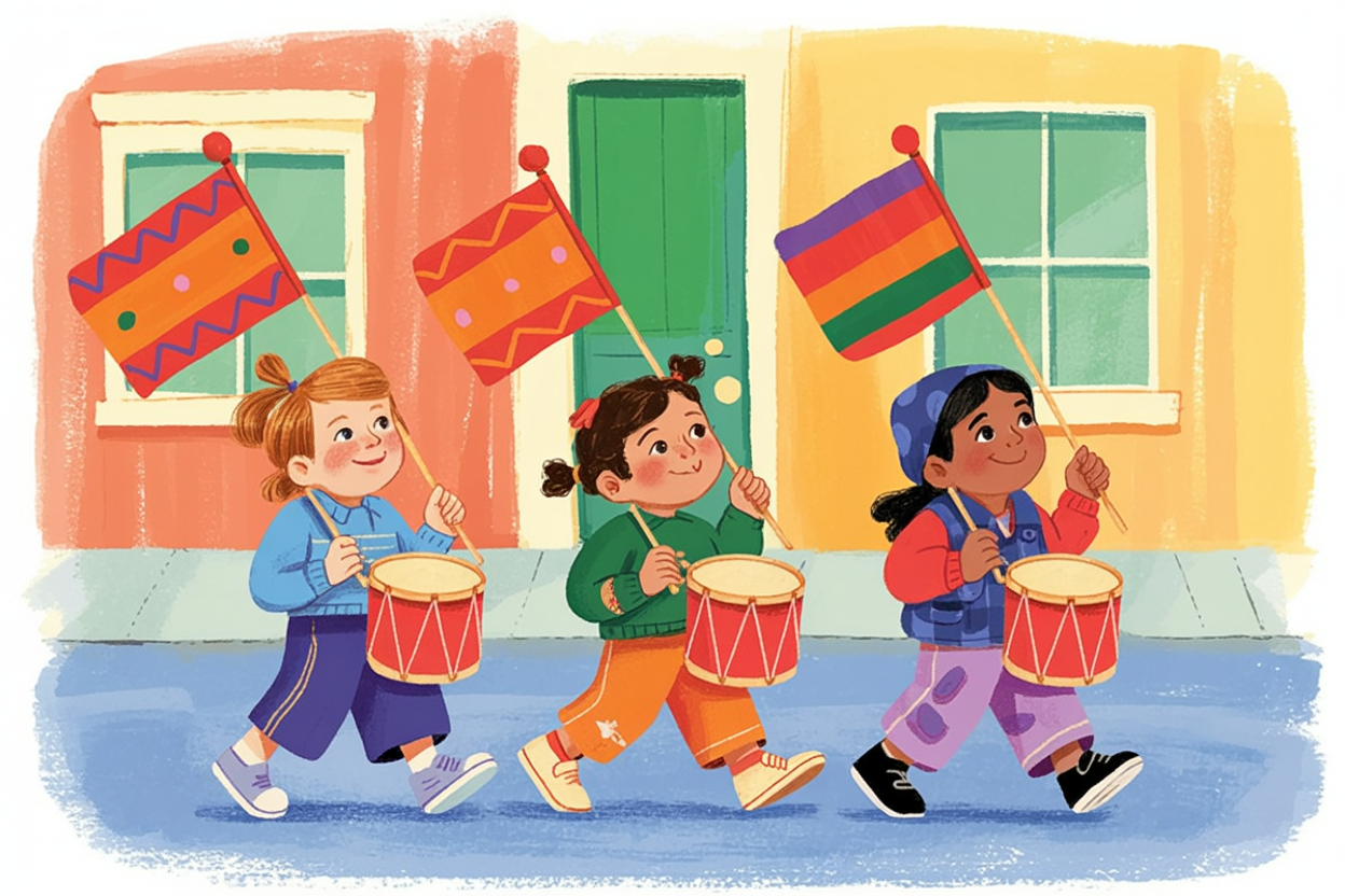 Children's book illustration of a children's parade