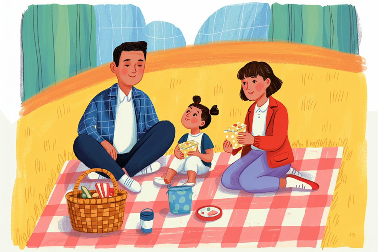Children's book illustration of a family picnic