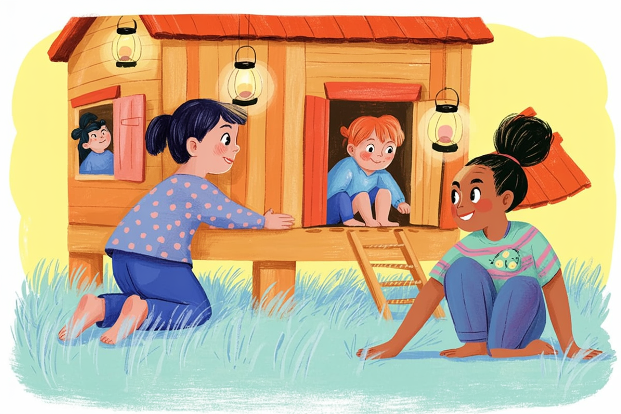 Children's book illustration of children in a treehouse