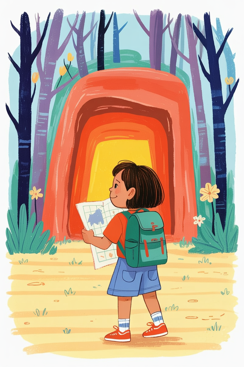 Children's book illustration of a child explorer