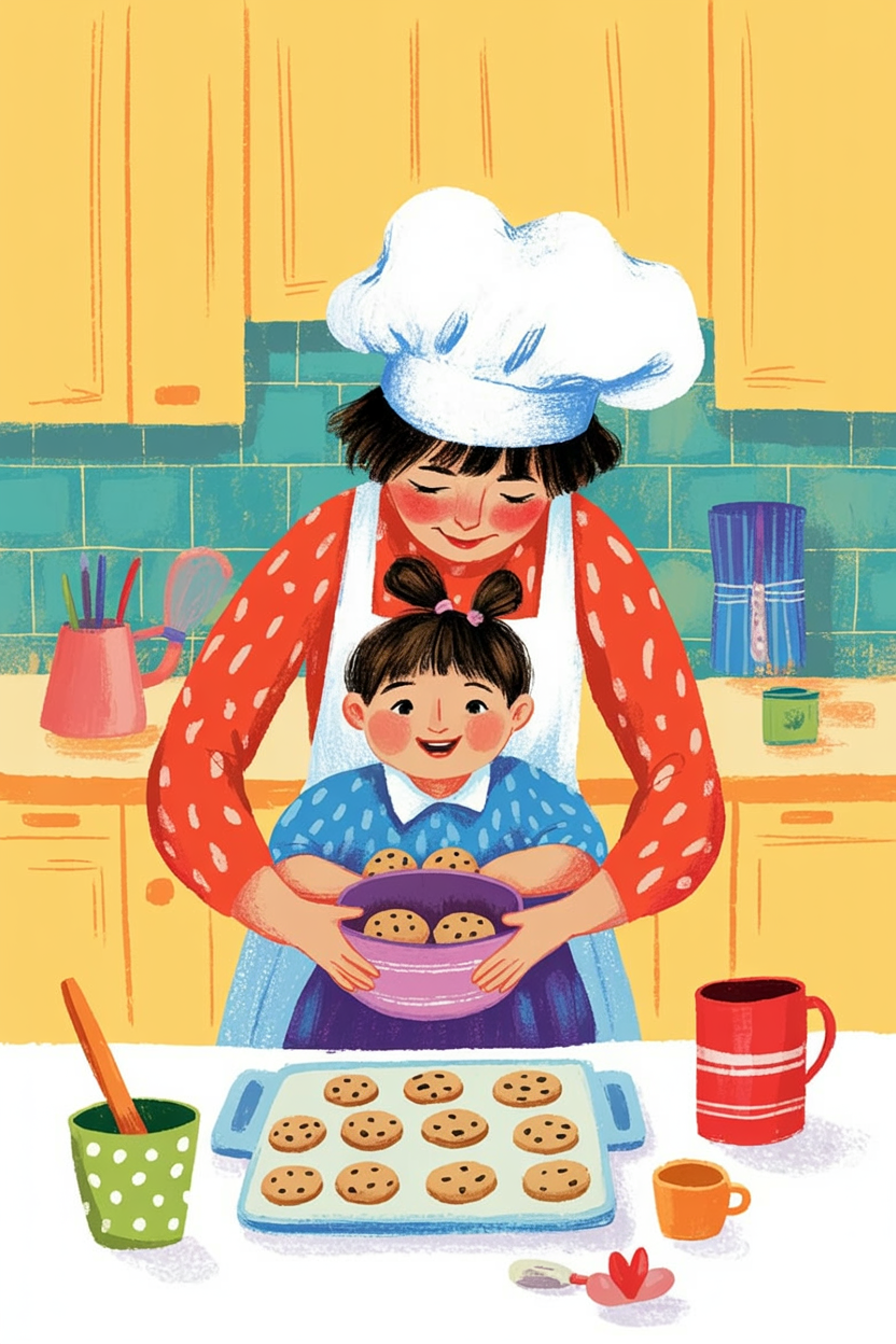 Children's book illustration of baking together