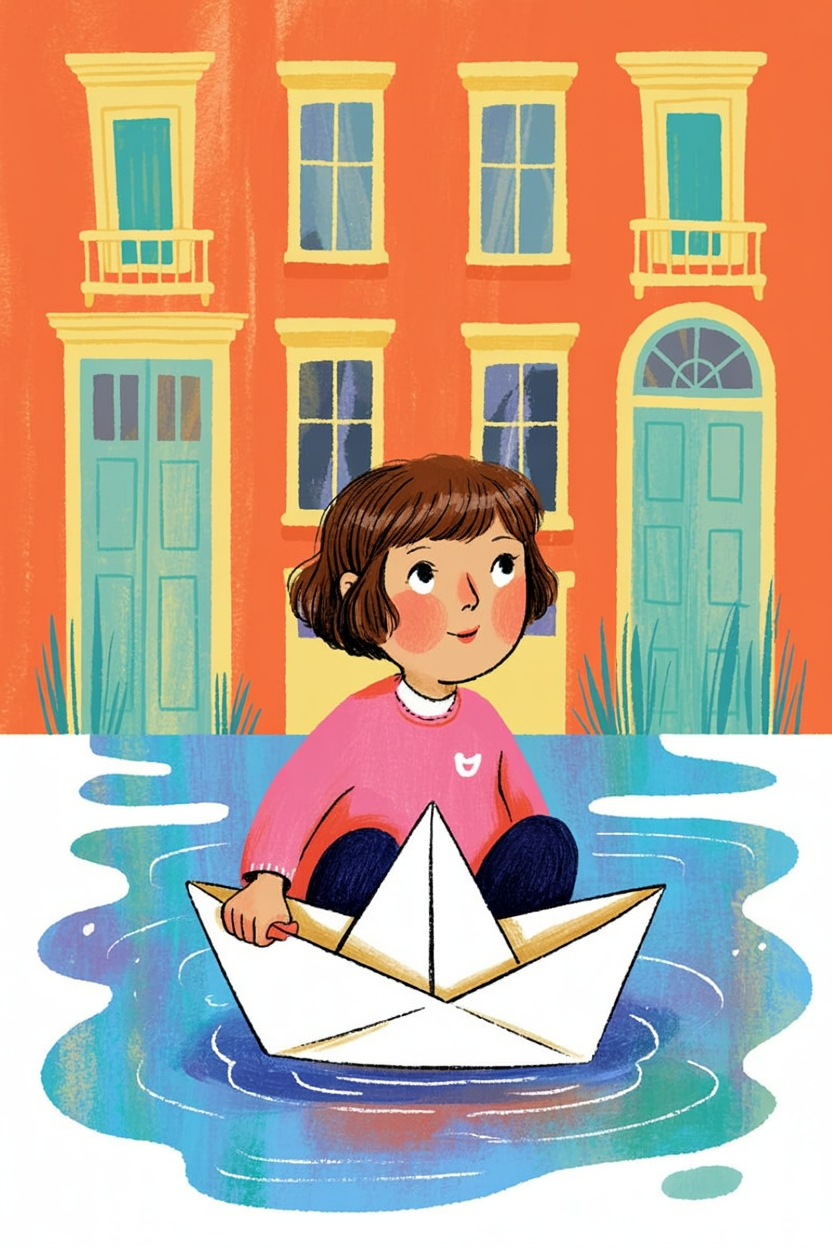 Children's book illustration of a child with a paper boat