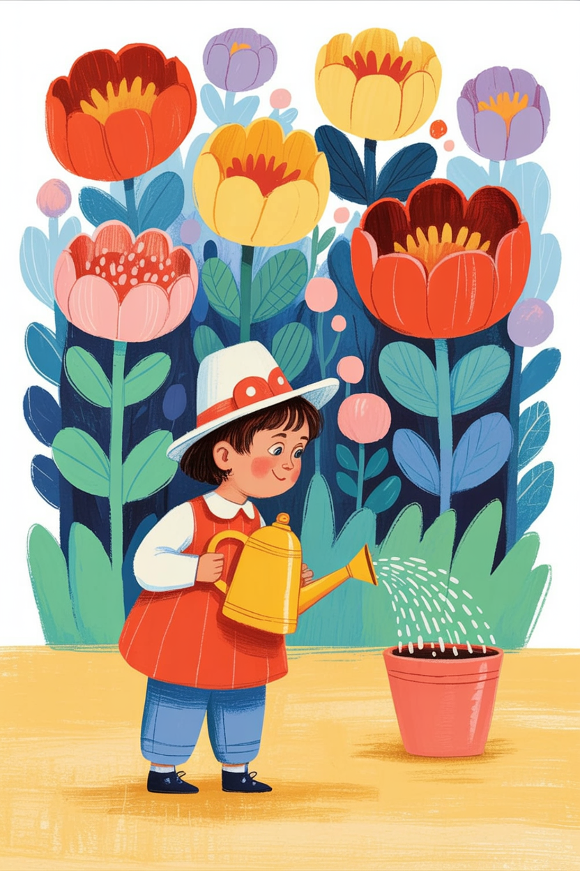 Children's book illustration of a child in a garden