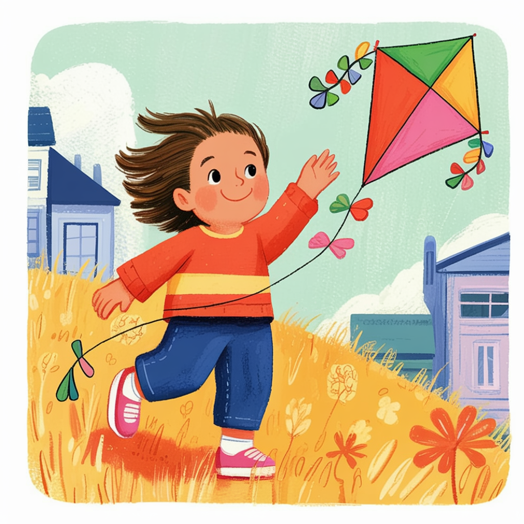 Children's book illustration of a child flying a kite