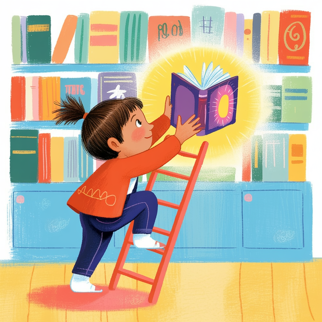 Children's book illustration of a child in a library